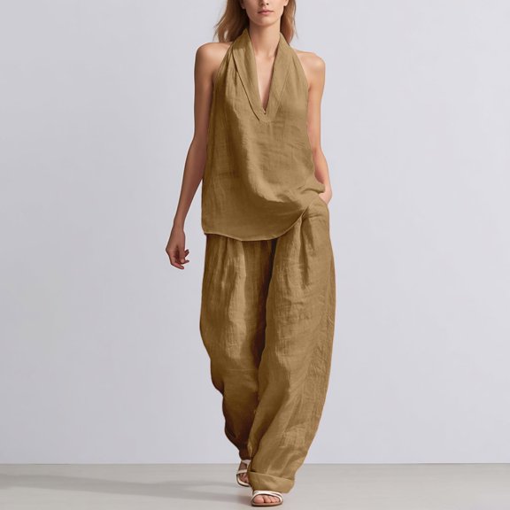Linen Sets for Women 2 Piece Sleeveless V Neck Halter Top Matching Wide Leg Pants Summer Lounge Set Vacation Outfits Pocket 2026 Beach Vacation Outfits(Coffee,M)