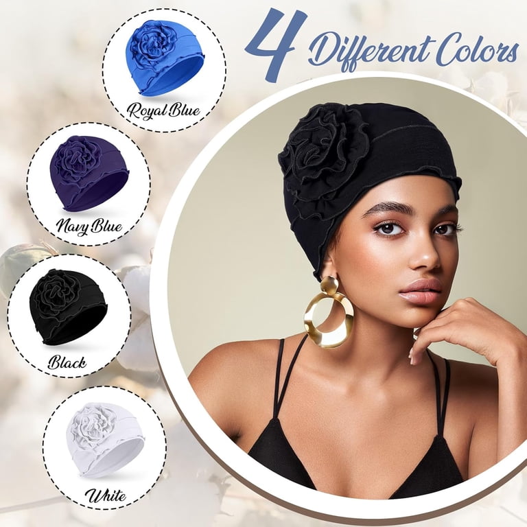 Soft Cotton Chemo Headwear Set 4 Pcs Elastic Beanie Turbans for Women Cheers US 4Pcs Women Elastic Glitter Big Flower Turban Chemo  main image 4