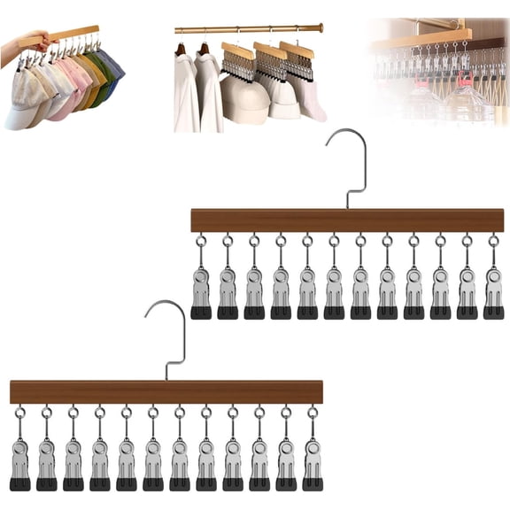 Closet Organizer with 10 Clips, Space Saving Hanging Closet Organizer, Space-Saving Hat Scarf Clothespins for Jeans Skirts Socks Pant Hangers with Clips (Vintage-12 Clips, 2PCS)