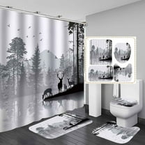4PCS Moose Shower Curtain Set, Deer Elk Woodland Animal Hunting Lodge Cabin Brown Black Buffalo Plaid Country Rustic Farmhouse Bathroom Decor, Fabric Shower Curtain, Non-Slip Bath Mat