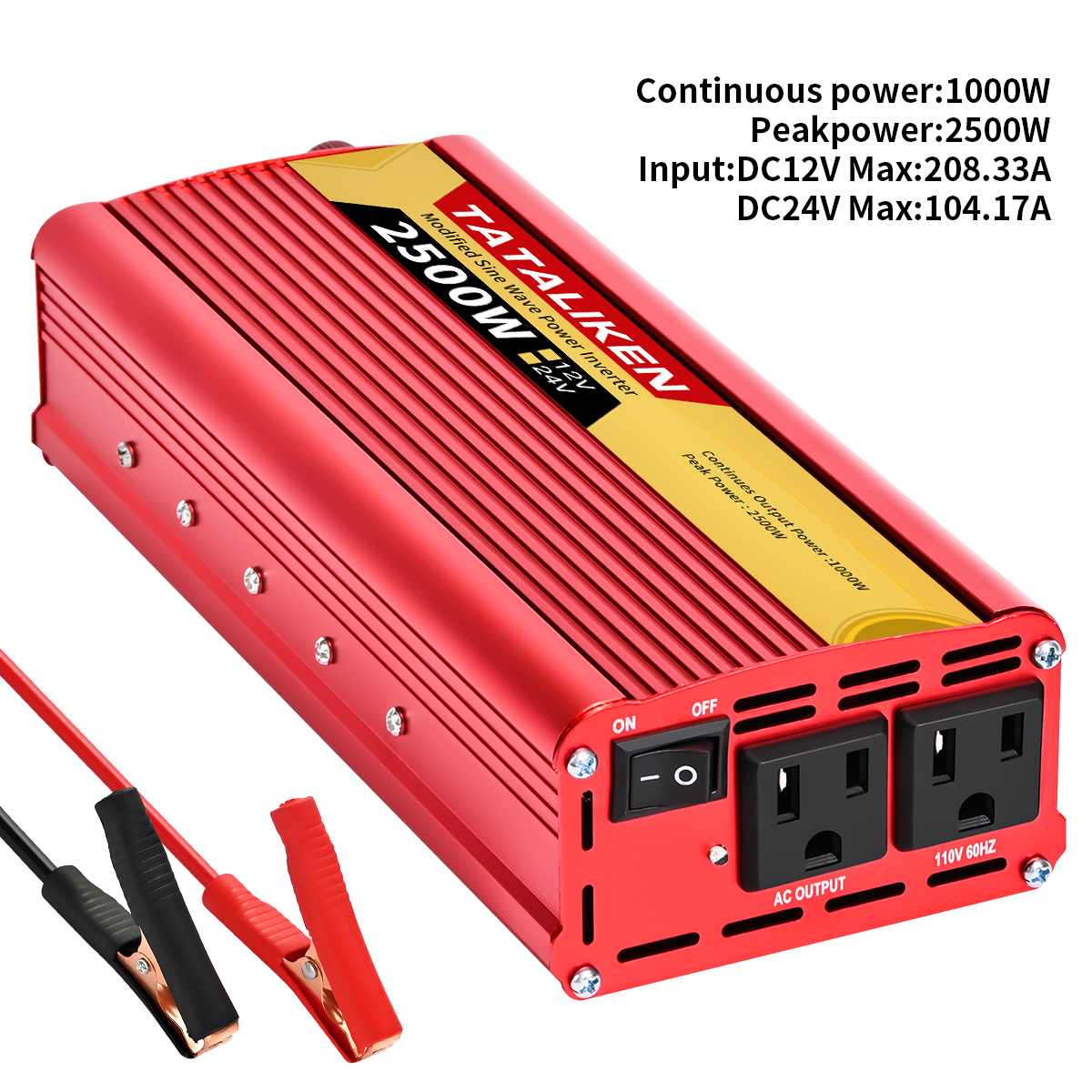 TATALIKEN 2500W（Rating power 1000 W）Power Inverter DC 12V to AC 110V/120V Car Inverter with Battery Clamp Cable 2 AC Outlets for Power Tools Home Vehicles RV Truck,Red