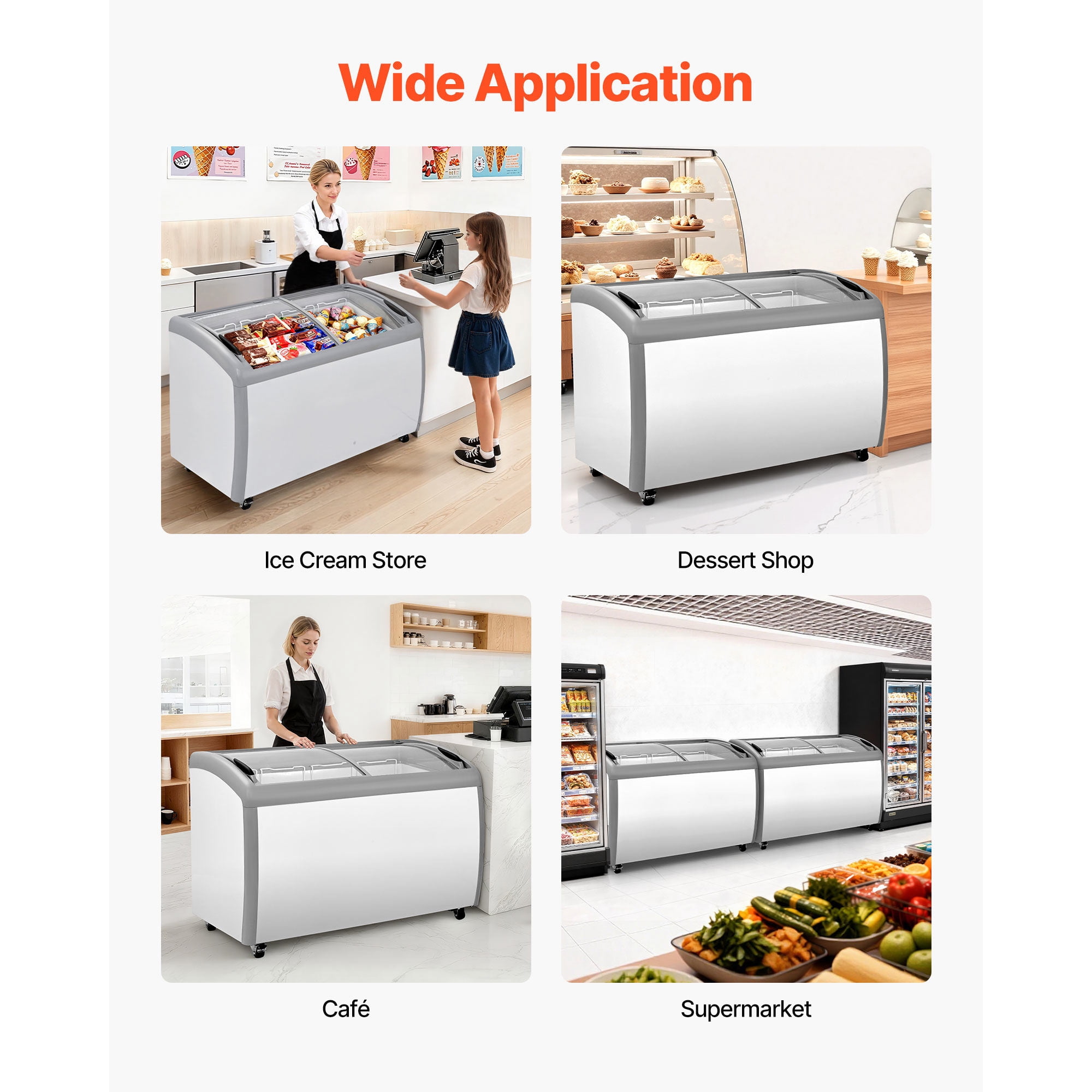 KFFKFF Commercial Ice Cream Display Case, 12.8 Cu.ft Chest Freezer, Adjustable Temperature Range from -19 to 3℉, Mobile Deep Freezer with 4 Wire Baskets, Sliding Glass Doors