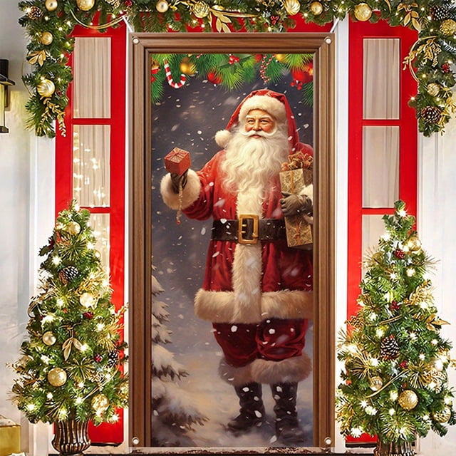 Linnome Santa Claus Pattern Christmas Door Cover 35x71 Inches, Festive Holiday Door Decoration for Home and Parties