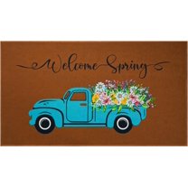 Spring Floral Decorative Welcome Door Mat Colorful Flowers Truck Indoor Outdoor Non-Slip Summer Doormat Home Entryway Farmhouse Decor Front Door Mat for Outside Porch Entrance, 30" x 17", Brown Rug