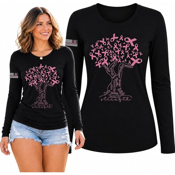 Wild Bobby Words of Encouragement Distressed US Flag Breast Cancer Awareness Womens Long Sleeve T-Shirt