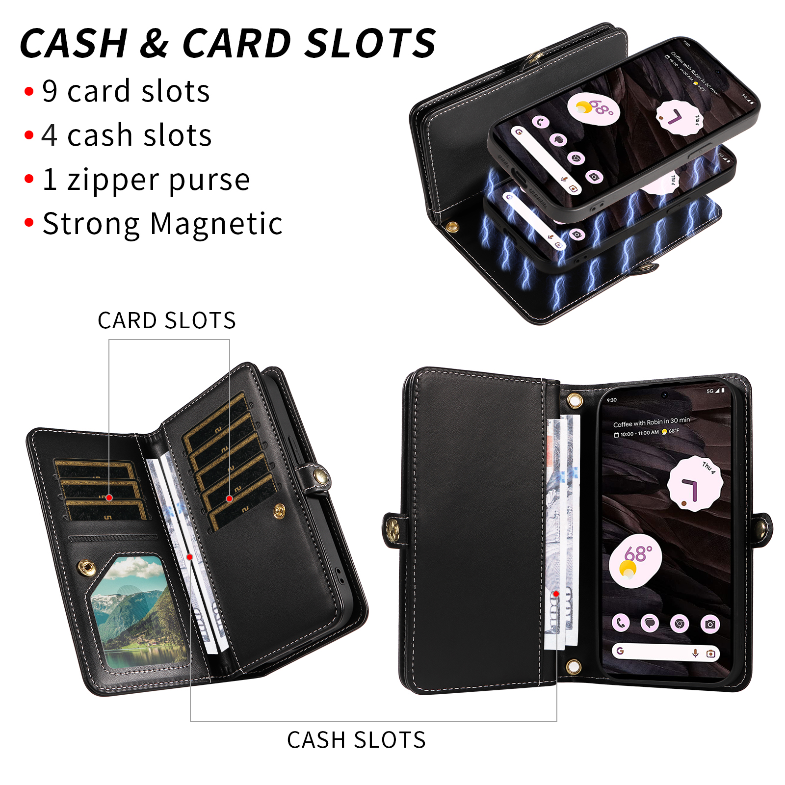Asuwish Phone Case for Google Pixel 7A 5G 2023 Zipper Wallet Detachable Cell Cover with Tempered Glass Screen Protector Crossbody Lanyard Strap Bling Glitter Flip Card Holder Slot Pixel7A A7 Black