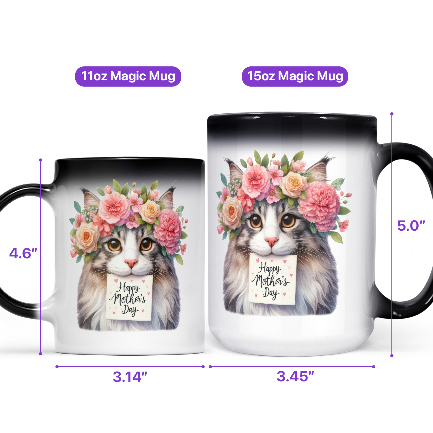Happy Mother's Day Maine Coon with Flower Crown and Greeting Card Heat Color Changing Mug Cat Lover Kitten Owner Gifts Magic Coffee Mug - 13004