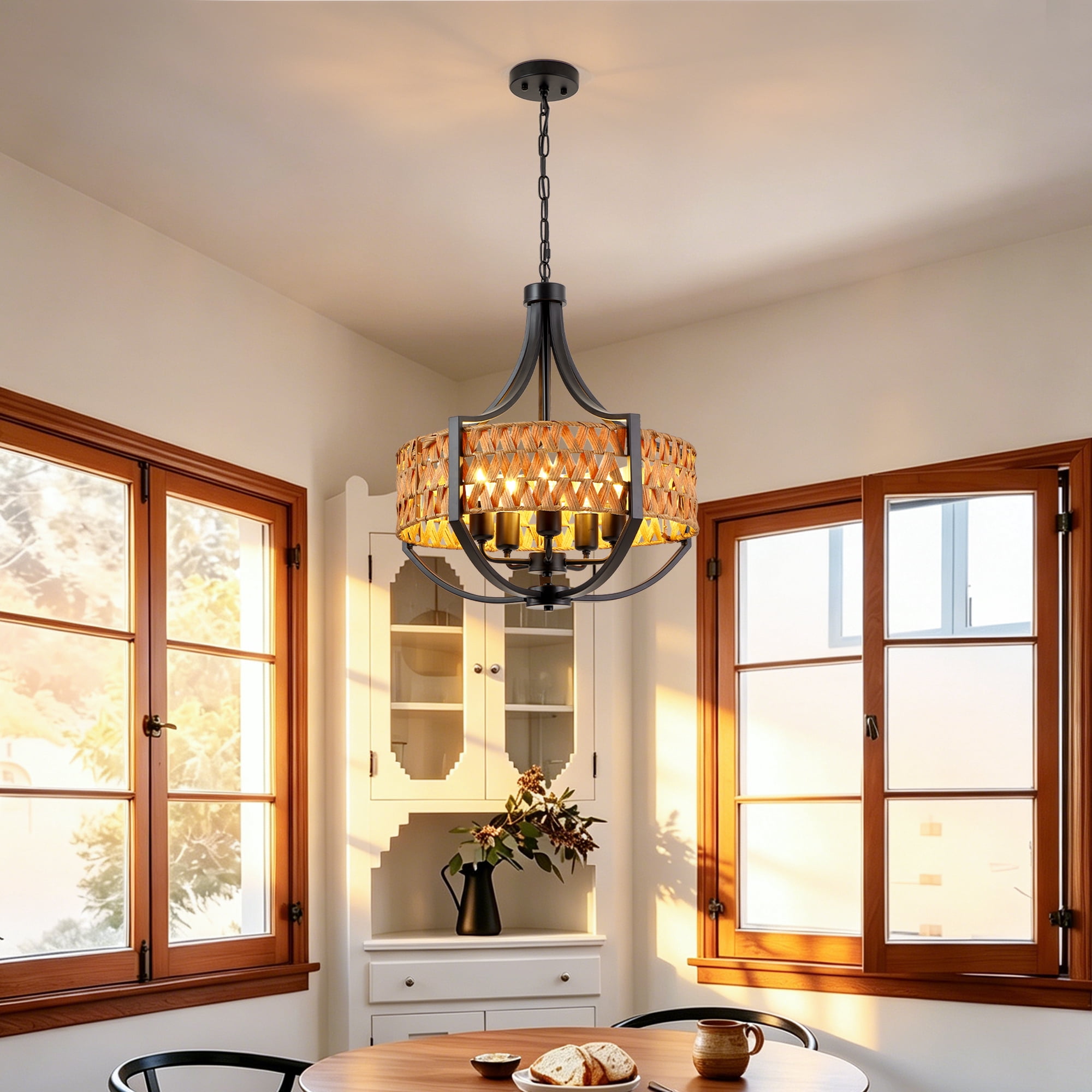 Leumius Rattan Chandelier, 5-Light Boho Chandelier with Natural Woven Reed Shade, Farmhouse Hanging Ceiling Light Pendant Light for Dining Room, Living Room, Foyer, Bedroom Hallway