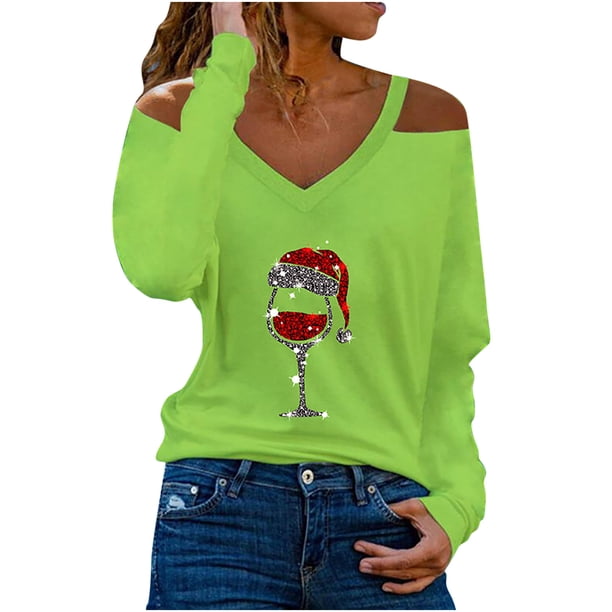Camiseta de manga larga con cuello en V para mujer a la moda, blusa holgada con hombros descubiertos y estampado navideño de otoño Fridja FKASFK3712