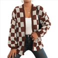thumbnail image 3 of Cárdigan de Cuadros de Talla Grande para Mujer, Suéter Holgado con Estampado A Cuadros y Abertura Frontal, Prenda Exterior Marrón S, 3 of 9