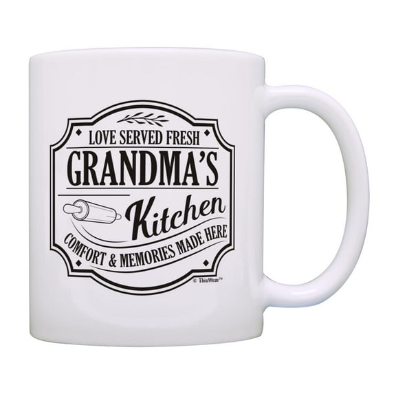 ThisWear Gifts for Grandma Love Served Fresh Grandma's Kitchen Comfort Memories Made Here Ceramic 11oz Coffee Mug Grandma