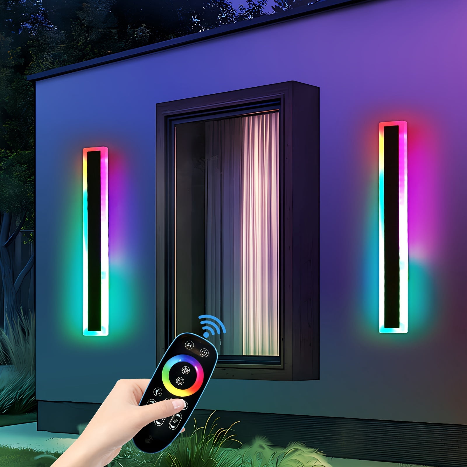 2pcs Outdoor RGB Long Wall Lights – Dimmable LED Wall Sconces with Remote & App Control, Matte Metal Finish for Patio, Garden, Indoor & Outdoor Decor