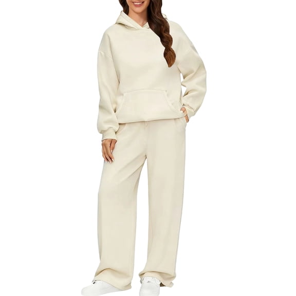 Women's Casual 2 Piece Tracksuits Hoodie and Wide Leg Sweatpants Fall Winter Lounge Travel Matching Sweatsuit Set 2026 Beige S