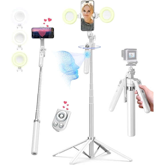 Ahot 71” Auto Face Tracking Tripod for iPhone with Light,360° Rotating Phone Stand with Rechargeable Remote Control for TikTok Vlog, Phone Tripod for Android Camera/GoPro/Ring Light (White)