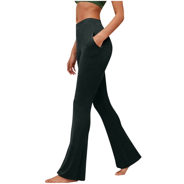 Amzcrzy Leggings Acampanados Mujer S-2XL - Yoga, Cintura Alta Sin Costura Delantera, Muy Elásticos Cómodos, Color Liso, Bolsillos Gris