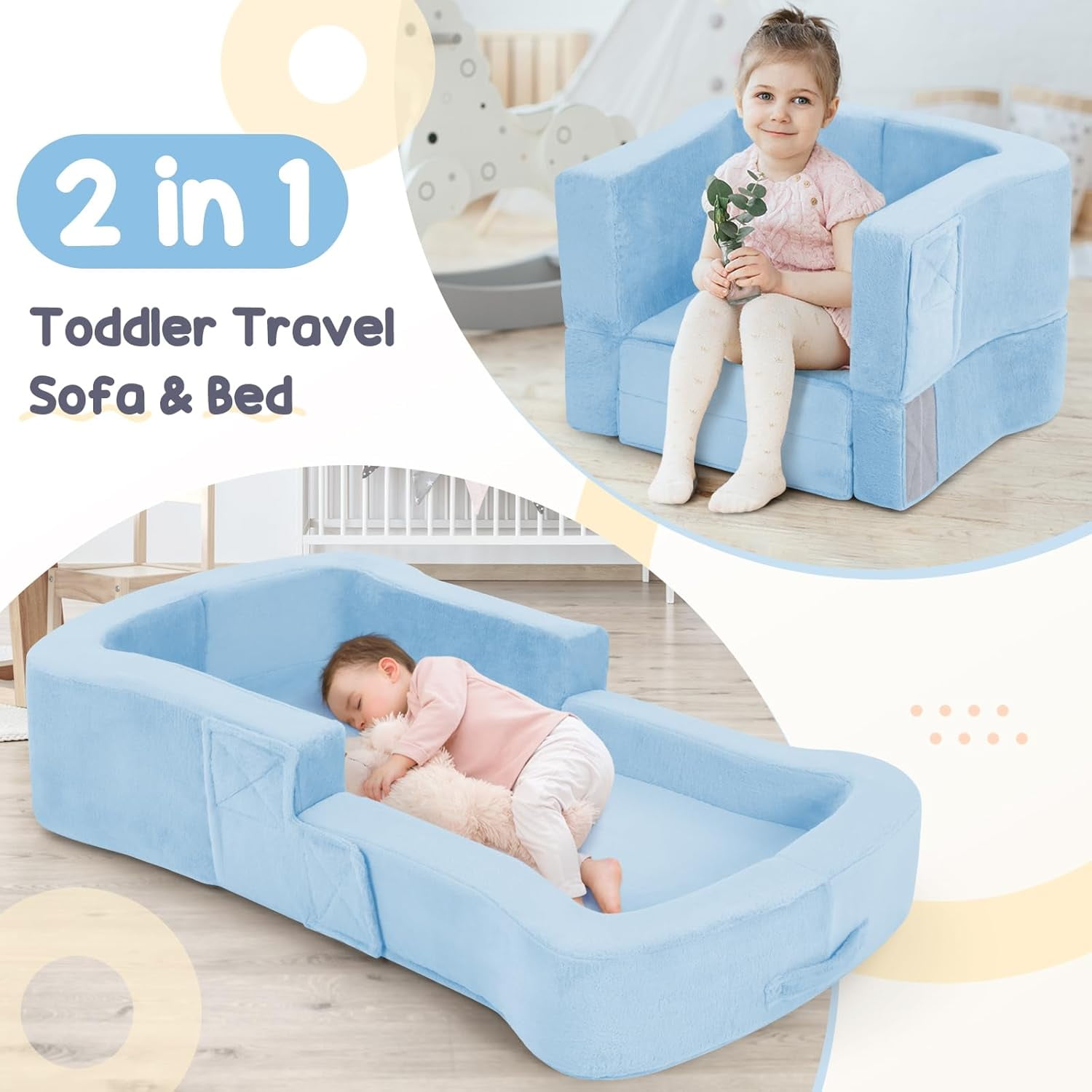 Toddler Travel Bed, 2-in-1 Foldable Portable Toddler Bed Sofa Chair, Soft Baby Kids Travel Floor Cot with Washable Covers Blue