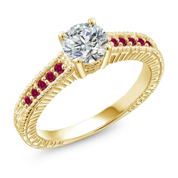 Gem Stone King 18K Yellow Gold Plated Silver Lab Grown Diamond and Red Created Ruby Engagement Ring for Women | 0.89 Cttw | Round 6MM | Gemstone April Birthstone | Size 9