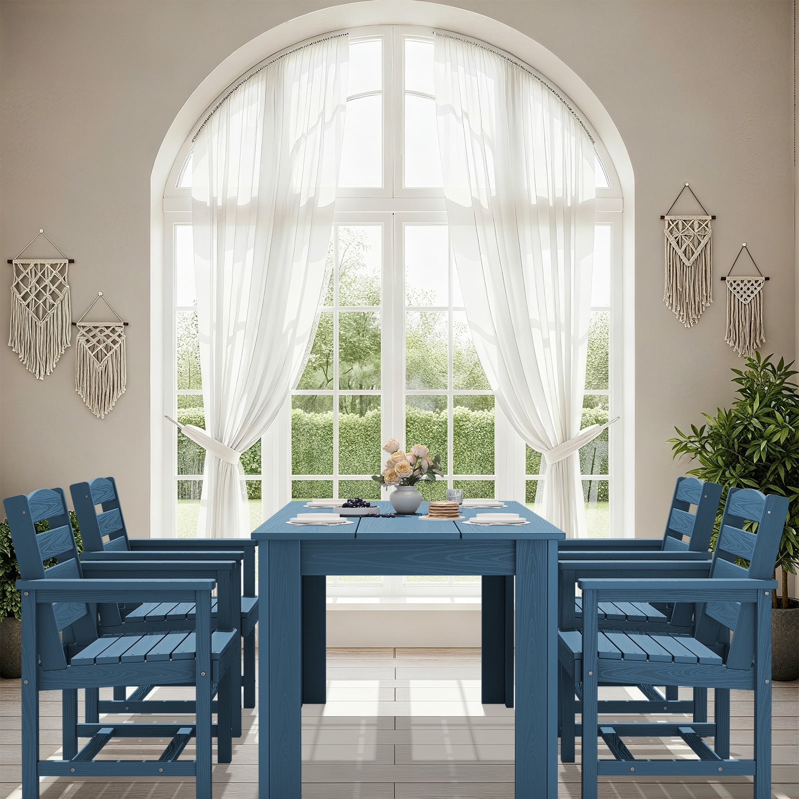SERWALL 5-Piece Patio Dining Set, 59" Outdoor Dining Table and 4 Chairs with Umbrella Hole for Garden, Deck, Poolside, Blue