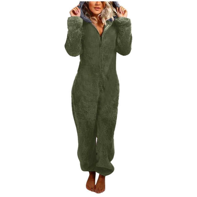Gibobby Pantalones cortos Pijamas de manga larga de lana artificial para mujer Casual Color sólido Cremallera Suelta con capucha Mono Pijamas Casual Invierno Cálido Orejas lin(Verdinegro, M)