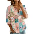 thumbnail image 3 of Women's Patchwork Floral 3/4 Sleeve Blouse - V-Neck Button Down Boho Tunic Top, Lightweight Casual Loose Fit Shirt for Spring Summer Army Green XL, 3 of 6