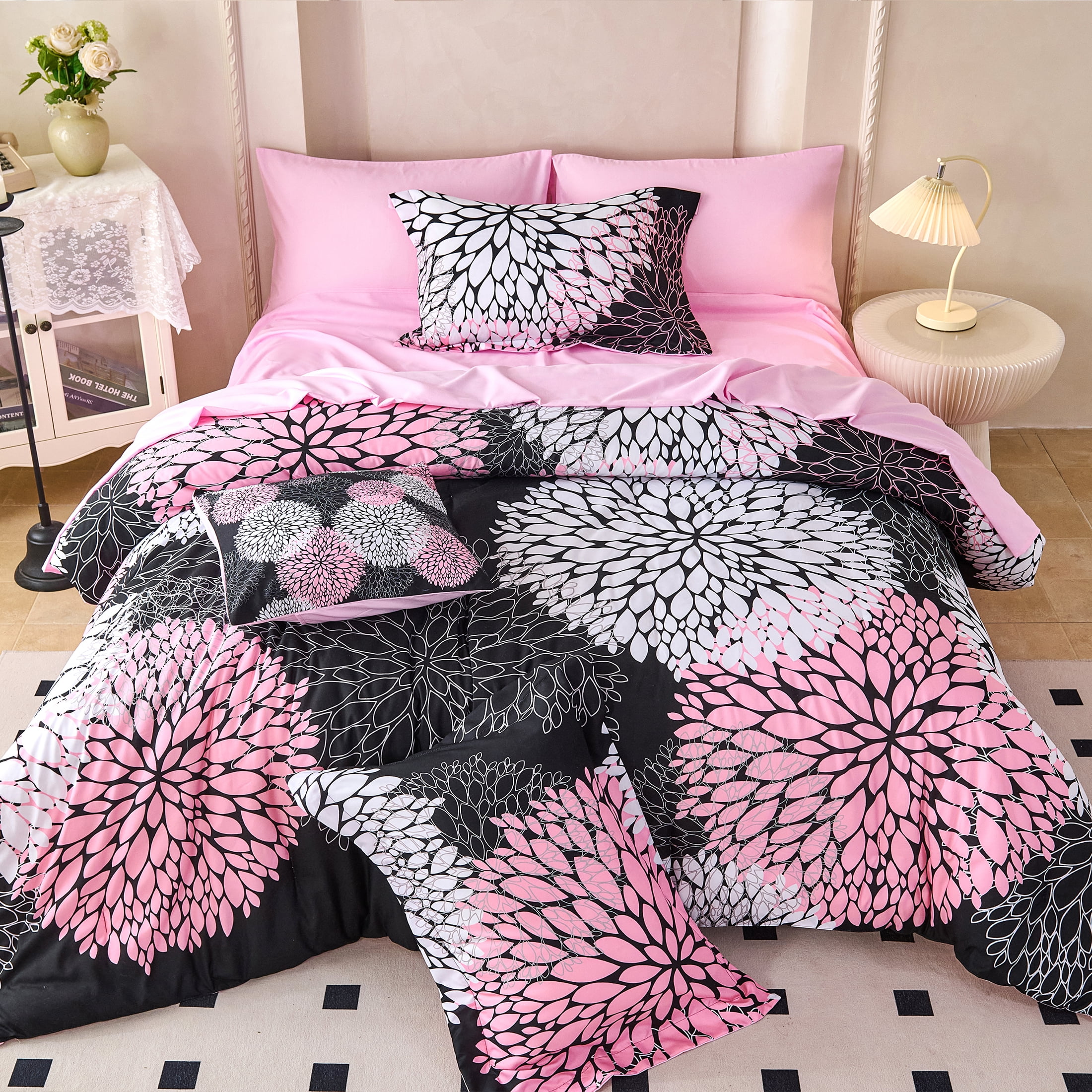 Koniroom 8 Pieces Black and Pink Floral Comforter Set Queen Size, Cute Flower Bed in a Bag with Sheets, Pillowcases, Shams, and Decorative Pillow Cover for Teen Girls and Women