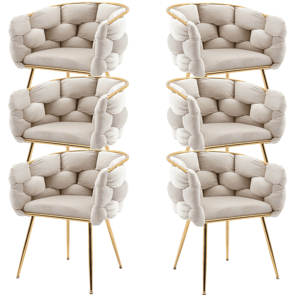 LEHZROAJ Modern Upholstered Dining Chairs Set of 6,Side Chair Oversize Gold Metal Leg for Dining Room,Kitchen,Restaurant(Beige)