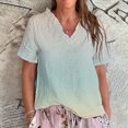 thumbnail image 2 of Dyfzdhu Linen Blouses for Women Casual Short Sleeve Vintage Gradient Print Ruffled V Neck T Shirt Lightweight Loose Fit Summer Tops Purple, 2 of 3