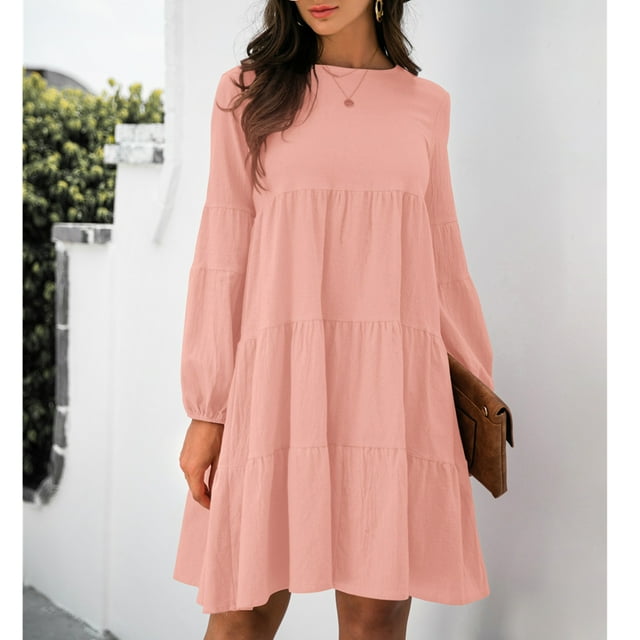 Femmes Robe Décontractée, Robe à Col Rond Manches Bouffantes Confortable Fluide Respirant Léger pour Bureau pour Dame pour les Vacances Rose, Noir, Mandarine