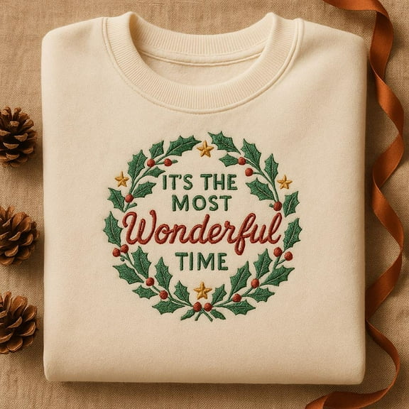 Embroidered Christmas Wreath Sweatshirt, Holiday Sweater for Women, Wonderful Time Shirt, Christmas Gift for Her, Xmas Crewneck