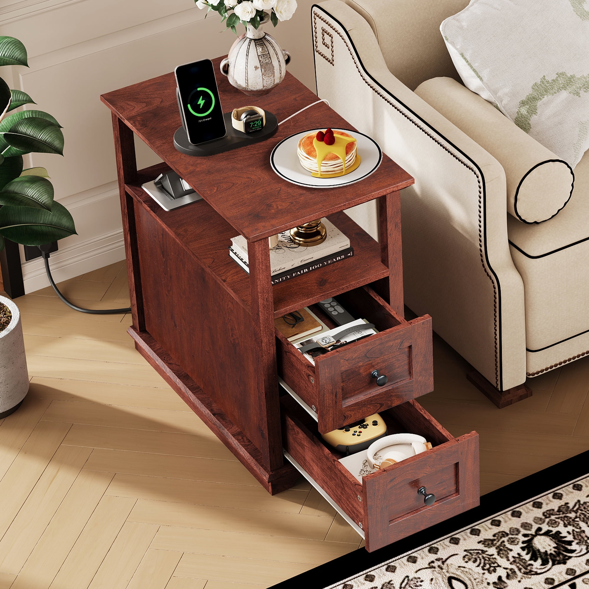 GALAXHERO Narrow End Table with Charging Station Wooden Side Table with 2 Drawers for Living Room, Bedroom, Small Space, Antique Cherry