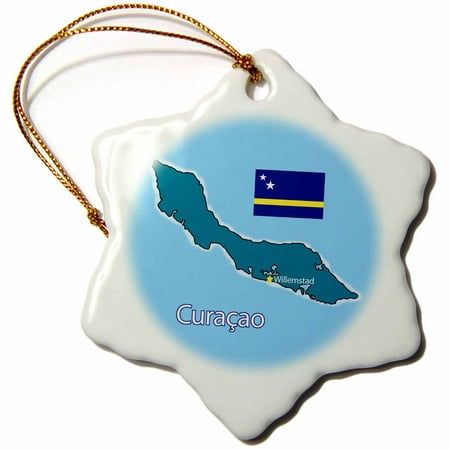 3dRose Colorful outline map and flag of the Caribbean island of Curacao , Snowflake Ornament, Porcelain,