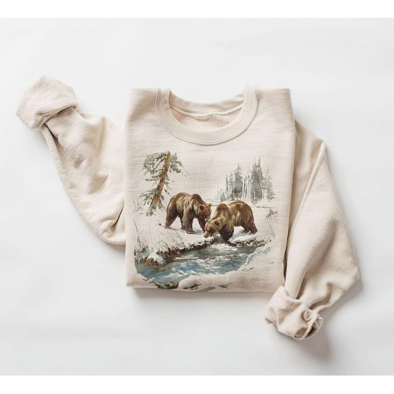 Retro Grizzly Bears Wilderness Scene Sweatshirt - Nineties 90s Vintage Brown Bear Outfit - Boho Unisex Crewneck Sweatshirt