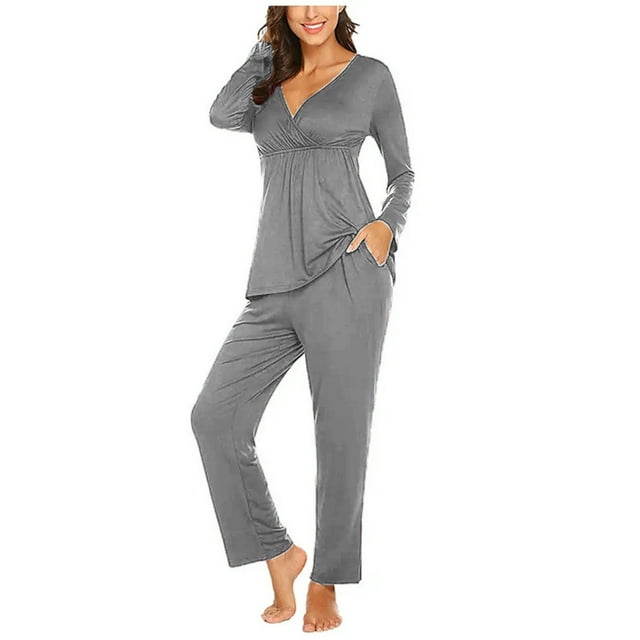 HaiMao Maternity Pajamas Clearance for Women Set Pants and Nursing Tops Pregnancy Pjs Long Sleeve Breastfeeding Sleepwear Set Gray 8(L)