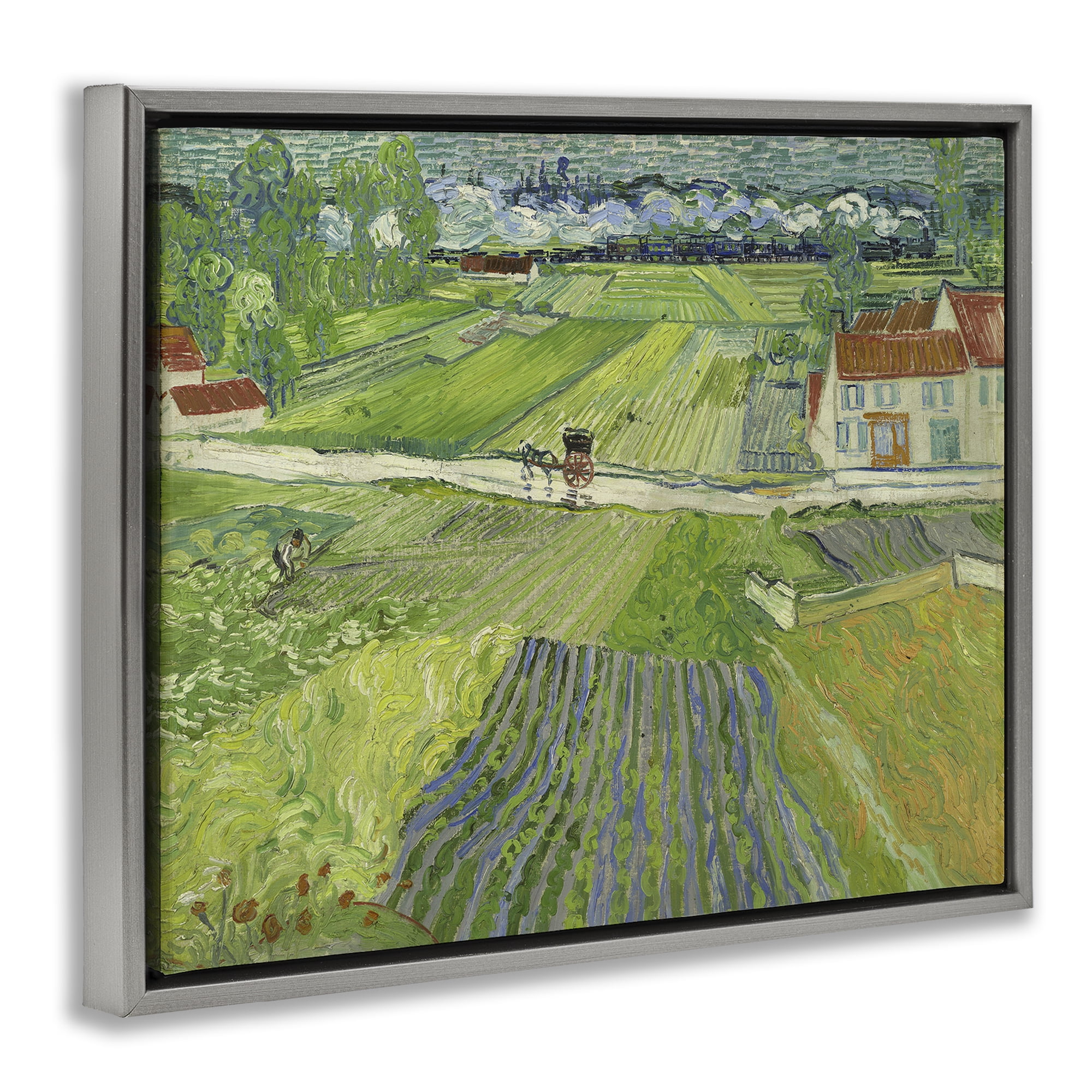 Stupell Industries Van Gogh Carriage & Train Landscape Landscape & Nature Painting Gray Floater Framed Canvas Art Print Wall Art, 21 x 17