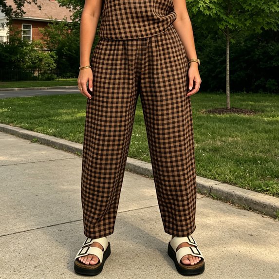 Clossjun Womens Sets 2 Piece Summer Plaid Sleeveless Tops Wide Leg Pants Matching Lounge Outfis Beach Vacation Suits