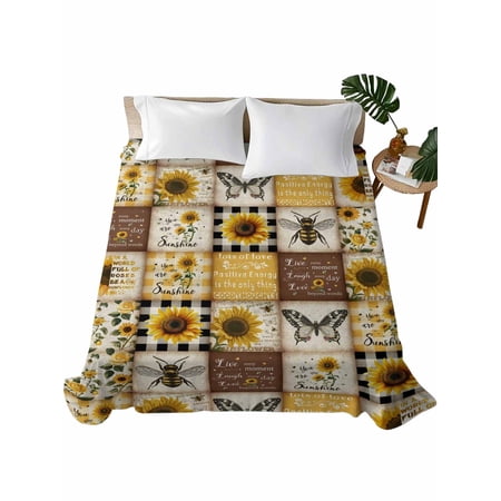 King Size Flat Sheet Only, Sunflowers Soft Brushed Microfiber Bed Sheets, Retro Country Butterfly Bee Floral Plaid Hotel Quality Breathable Bedding Top Sheet, Easy Care, 105"x98"