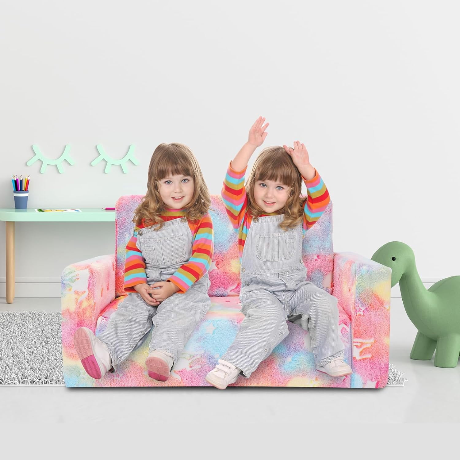 Kids Couch Toddler Chair Folding, Soft Couch 2 in 1 Kids Sofa Glow in The Dark Couch, Gifts Sleeper for Girls Boys - Pink Unicorn