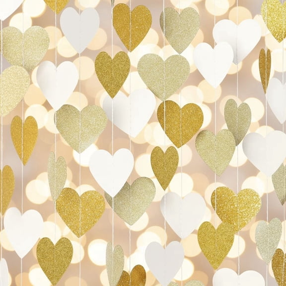 52 Ft White-Gold Champagne Heart Streamer Garlands – Sparkling Paper Hanging Banners, Ideal for Wedding, Engagement, Bachelorette, Baby Shower & Christmas Party Decor