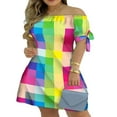 thumbnail image 2 of Robe Mini Décontractée pour Femmes Été Rayée Épaules Dénudées Manches Courtes Robe Courte en Ligne, 2 of 4