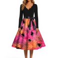 thumbnail image 4 of Halloween Dresses for Women Skeleton Castle Long Sleeve 1950s Hepburn Funny Dress V Neck Cocktail Cute Classic Dresses with Belt XL, 4 of 5