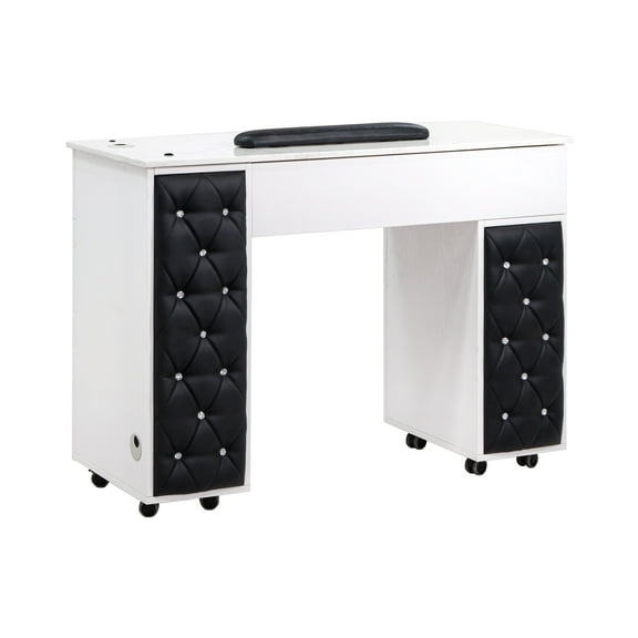 Drexel Manicure Table Tufted Side Panel Nail Desk with Marble Top, Modern Black Diamond