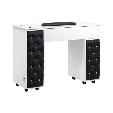Drexel Manicure Table Tufted Side Panel Nail Desk with Marble Top Modern Black Diamond