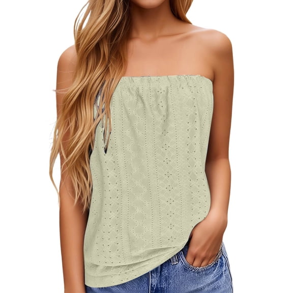 WEIWEN Womens Tank Tops Summer Casual Backless Strapless Eyelet Bandeau Tube Tanks Off the Shoulder Tops for Women Tunic Shirts Beige, XXXL