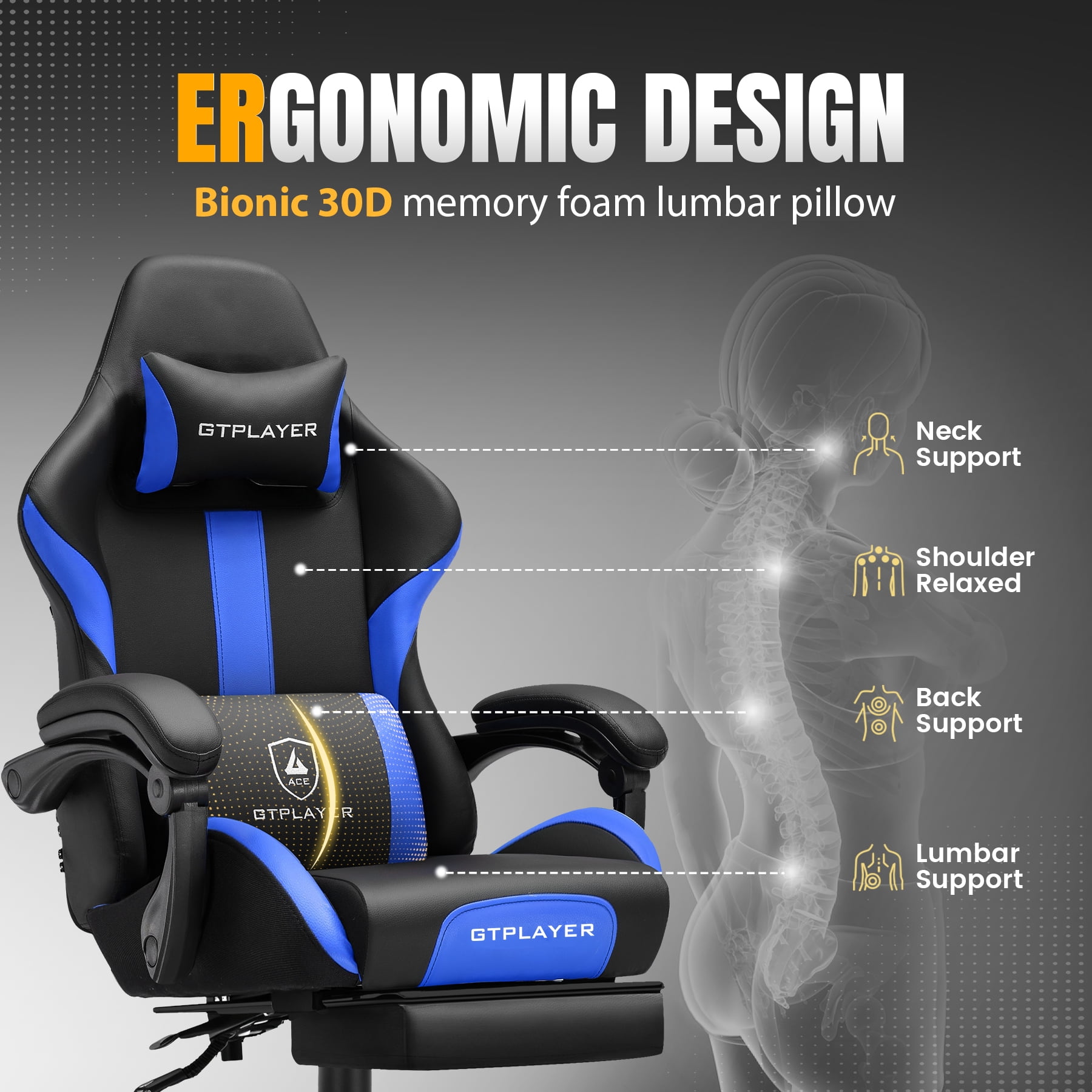 GTPLAYER Ergonomic Gaming Chair with Footrest and Lumber Support for Adults, Blue