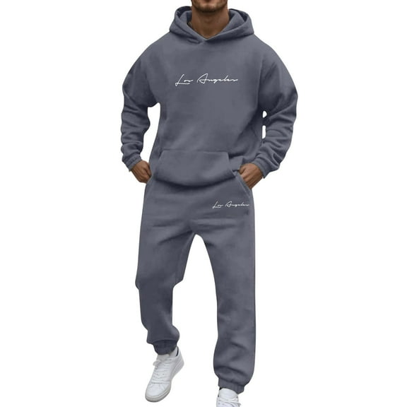 LIIPEE Men Outfits Letter Printed Long Sleeve Hooded Pocket Pullover Tops Sweatpants Set Man Comfortable Birthday Wedding Weekend Outfits,Grey,Xxl