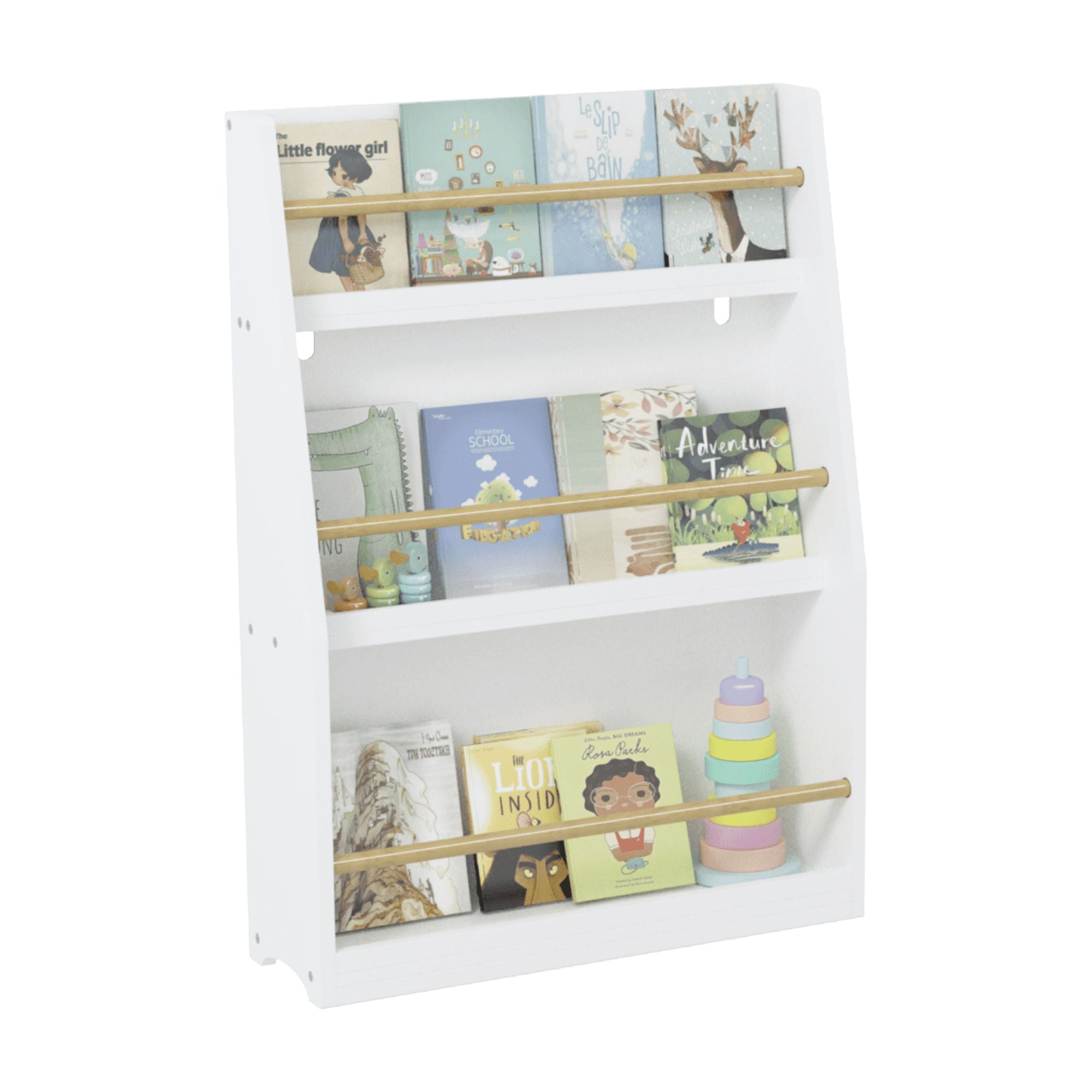 3 Tier Kids Bookshelf, White MDF & Pine Wood Book Rack with Anti-Tip Device, Open Front Toddler Book Organizer for Bedroom Playroom Nursery Classroom, Sturdy Storage Shelf for Ages 3+