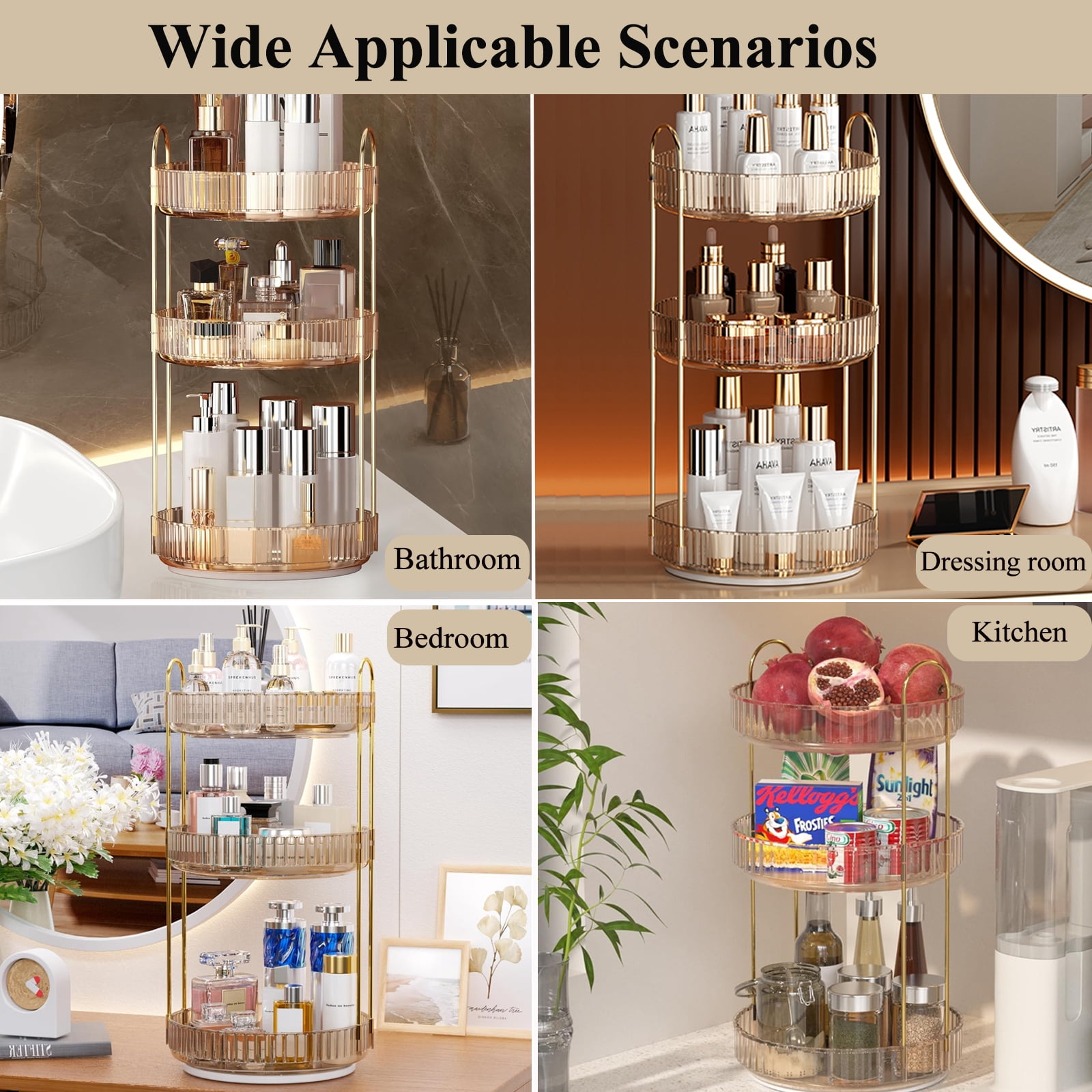Kisportee Makeup Organizer for Vanity, 3 Tier 360° Rotating Make Up Storage Perfume Organizers for Bathroom Counter, Clear Cosmetic Dresser Lipstick Spinning Holder