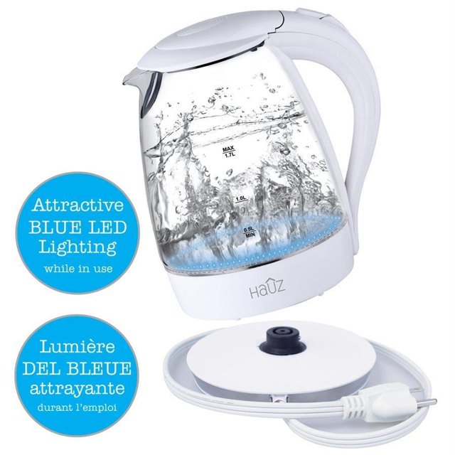 Hauz Blue LED Illuminated Glass Kettle 12 Cups 1.7 Liters White