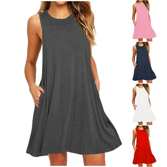 UVEASISHA Mini Dress for Women Sleeveless Swing Sundress Summer Casual Beach Tank Dresses with Pockets Dark Gray S