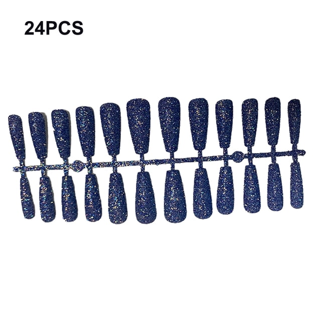 24 Pieces False Nails Glitter Shimmering Powder Full Cover Artificial Nail Tips Simple Operation Fingernail Decal DIY Accessory dark blue